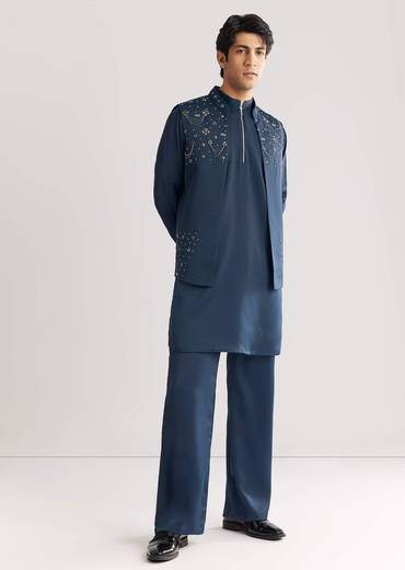 Blue Suiting Jacket Kurta Set With Metal Work