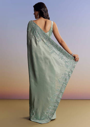 Blue Tissue Saree With Cutdana Sequins And Beads Embroidered Border