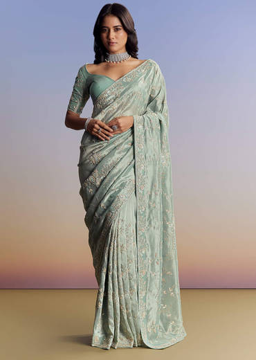 Blue Tissue Saree With Cutdana Sequins And Beads Hand Embroidery