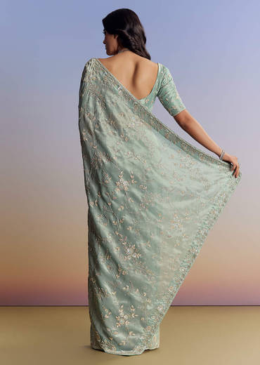 Blue Tissue Saree With Cutdana Sequins And Beads Hand Embroidery
