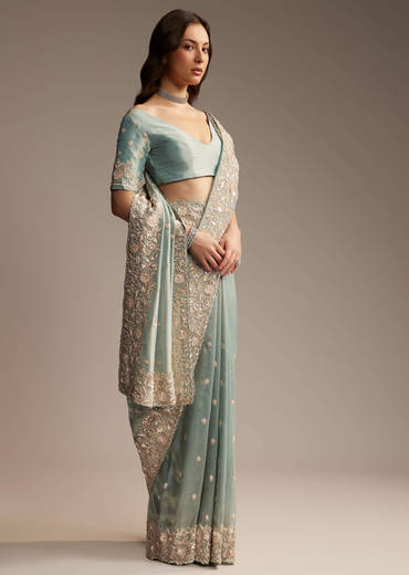 Blue Tissue Saree with Cutwork and Heavy Embroidery