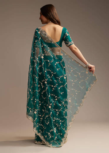 Blue Tissue Saree with Heavy Floral Jaal Embroidery