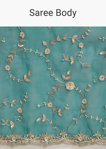 Blue Tissue Saree with Heavy Floral Jaal Embroidery