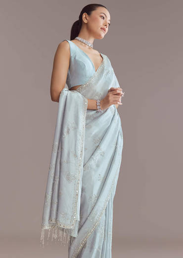 Blue Tissue Saree With Jaal And Stone Embroidery