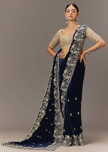 Blue Velvet Saree With Brocade Embroidered Blouse