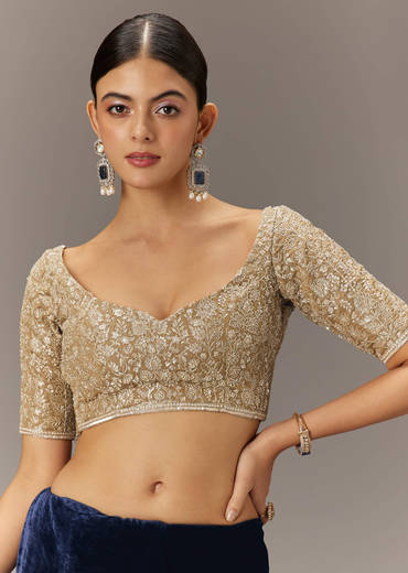 Blue Velvet Saree With Brocade Embroidered Blouse