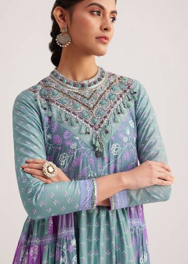 Blue Chanderi Kurti With Purple Block Print