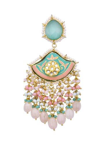 Blue Enameled Danglers With Pink Bead Drops And Kundan