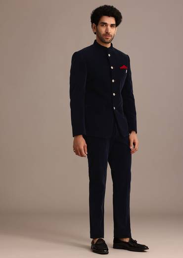 Blue Jodhpuri Suit In Velvet With Pocket Square