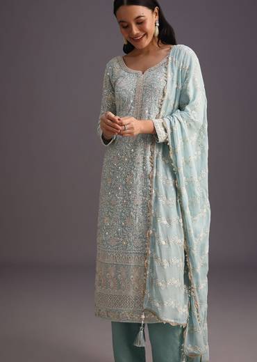 Blue Lucknowi Kurti Set With Resham Work Dupatta And Gotta Border