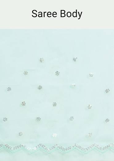 Blue Organza Floral Printed Saree With Sequin Scallop Border And Unstitched Blouse