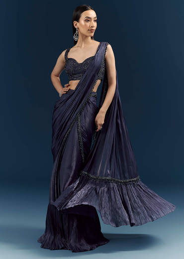 Blue Organza Ready Pleated Saree With Heavy Embroidery
