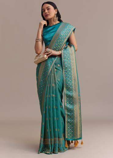 Blue Tissue Silk Saree With Chanderi Zari Weaving