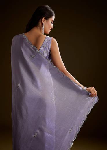 Blush Grey Tissue Saree With Cutdana And Sequins Embroidery And Scallop Border