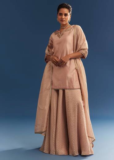 Blush Pink Chanderi Kurta Palazzo Set With Organza Dupatta