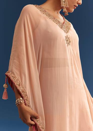 Blush Pink Embroidered Kaftan Sharara Set In Organza