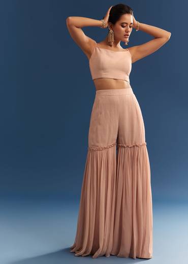 Blush Pink Embroidered Kaftan Sharara Set In Organza