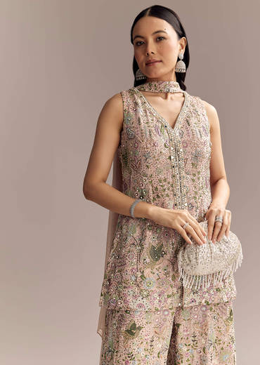 Blush Pink Georgette Palazzo Suit With Sequins And Resham Work