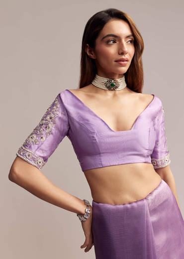 Blush Purple Tissue Saree With Floral Embroidery