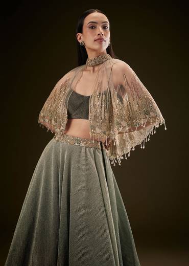 Bottle Green Crush Lehenga With Choker Style Cape
