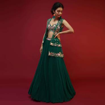 Bottle Green Lehenga Choli And Sleeveless Peplum Jacket Adorned With Colorful Resham And Moti Embroidered Flowers