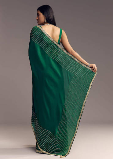 Bottle Green Organza Saree With Scalloped Cut Dana Detailing