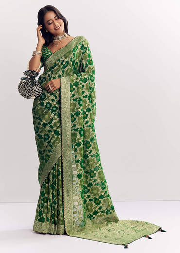Bottle Green Shaded Dola Silk Saree With Zari Jaal Work