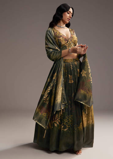 Bottle Green Tissue Lehenga Choli With Floral Print