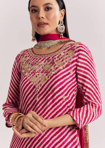 Pink Leheriya Zardosi Work Kurta Palazzo Suit