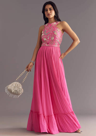Bright Pink Georgette Jumpsuit With Embroidered Belt