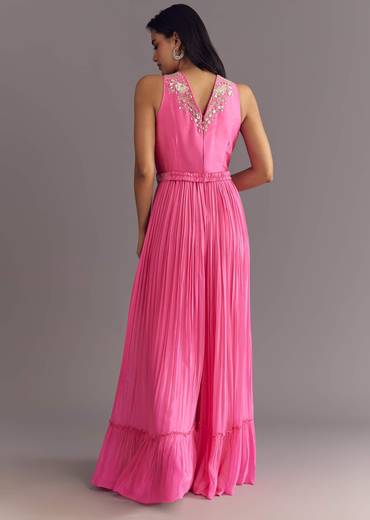 Bright Pink Georgette Jumpsuit With Embroidered Belt