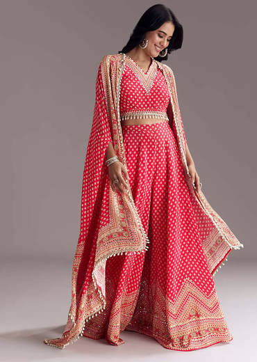 Bright Red Printed Cape Set