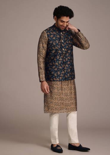 Bronze Silk Printed Kurta Set With Leaf Motifs