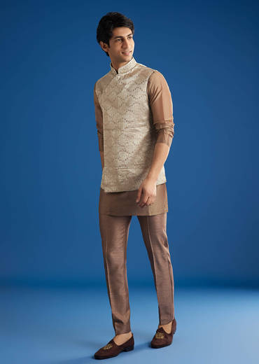 Brown Banarasi Silk Jacket Kurta Set With Cutdana Work