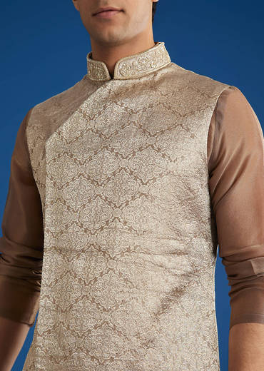 Brown Banarasi Silk Jacket Kurta Set With Cutdana Work