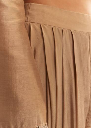 Brown Chanderi Embroidered Kurta Set With Crepe Dhoti And Gotta Detailing