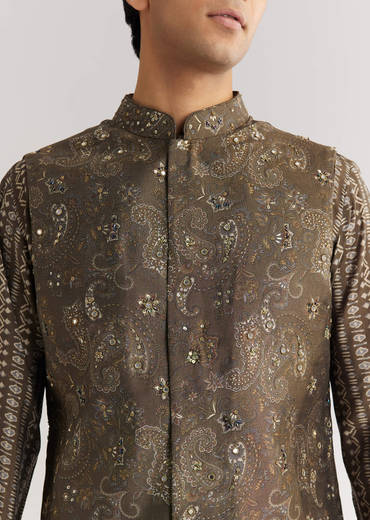 Brown Chanderi Silk Jacket Kurta Set With Mirror And Stone Work