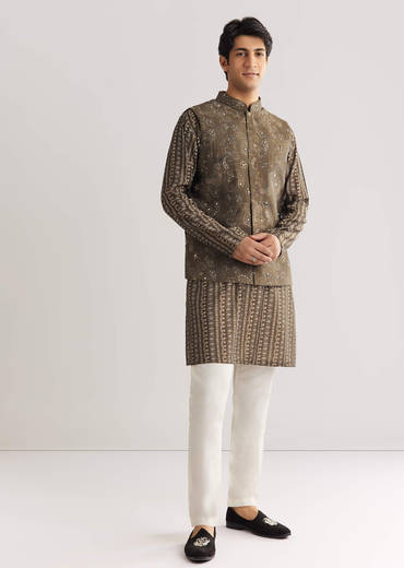 Brown Chanderi Silk Jacket Kurta Set With Mirror And Stone Work