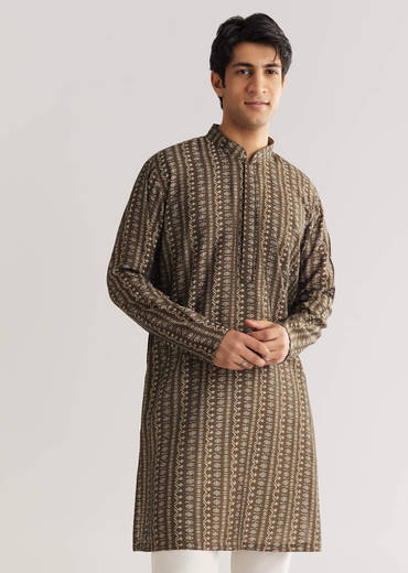 Brown Chanderi Silk Jacket Kurta Set With Mirror And Stone Work