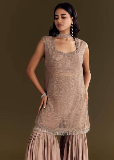 Brown Crepe Kurta Sharara With Choker Style Net Dupatta