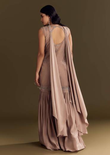 Brown Crepe Kurta Sharara With Choker Style Net Dupatta