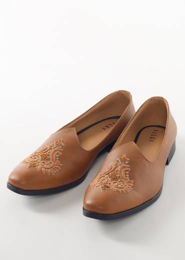 Brown Embroidered Ethnic Slip On Shoes For Men