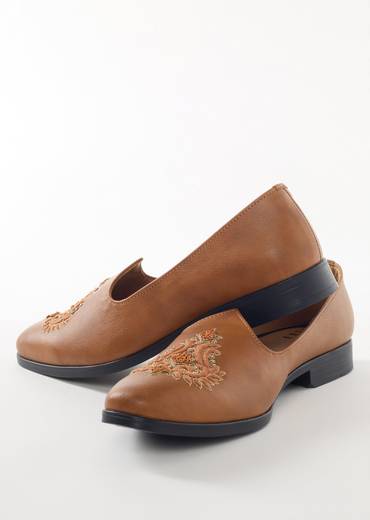 Brown Embroidered Ethnic Slip On Shoes For Men
