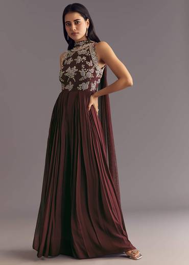 Brown Georgette Jumpsuit With Beads And Cutdana Embroidery