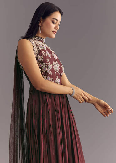 Brown Georgette Jumpsuit With Beads And Cutdana Embroidery
