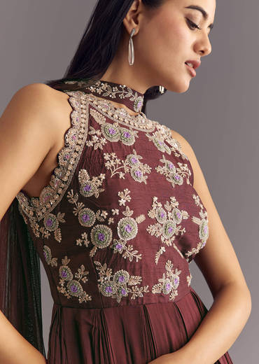 Brown Georgette Jumpsuit With Beads And Cutdana Embroidery