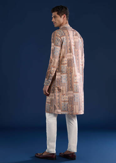Brown Kantha Work Printed Mens Kurta and Pant Set