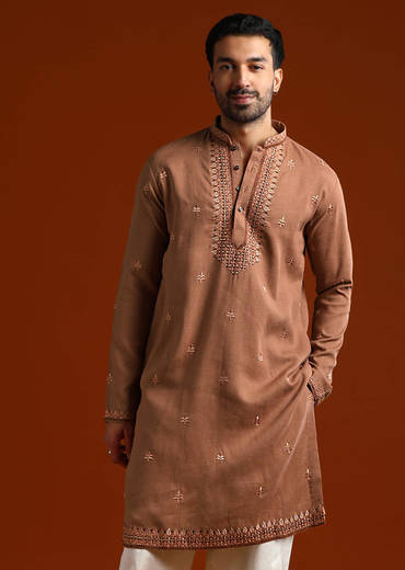 Brown Kurta Set For Men With Thread Work