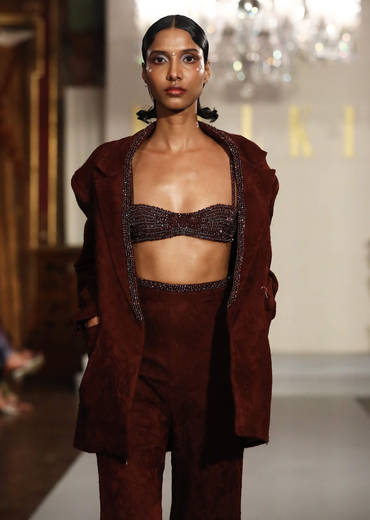 Brown Lace Crop Top And Skirt Set With Bead Embroidery