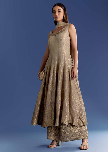 Brown Ombre Georgette Anarkali With Cutdana Neck And Zari Dupatta